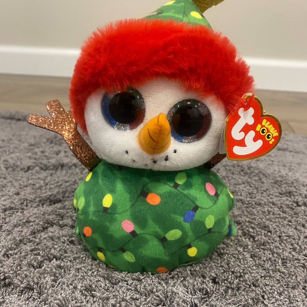 Ty Plush Snowman in Green with Red Hat Trim and Multicolor Lights-Ty Beanie Boo